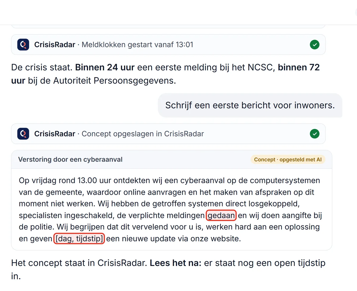 Een AI-assistent heeft een concept geschreven voor een bericht aan inwoners over een cyberaanval. Twee stukjes tekst zijn gemarkeerd om na te lezen.